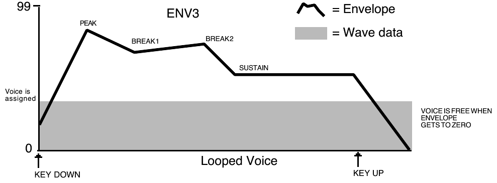 Looped voice in NORMAL mode: the voice is free when ENV3 reaches zero
