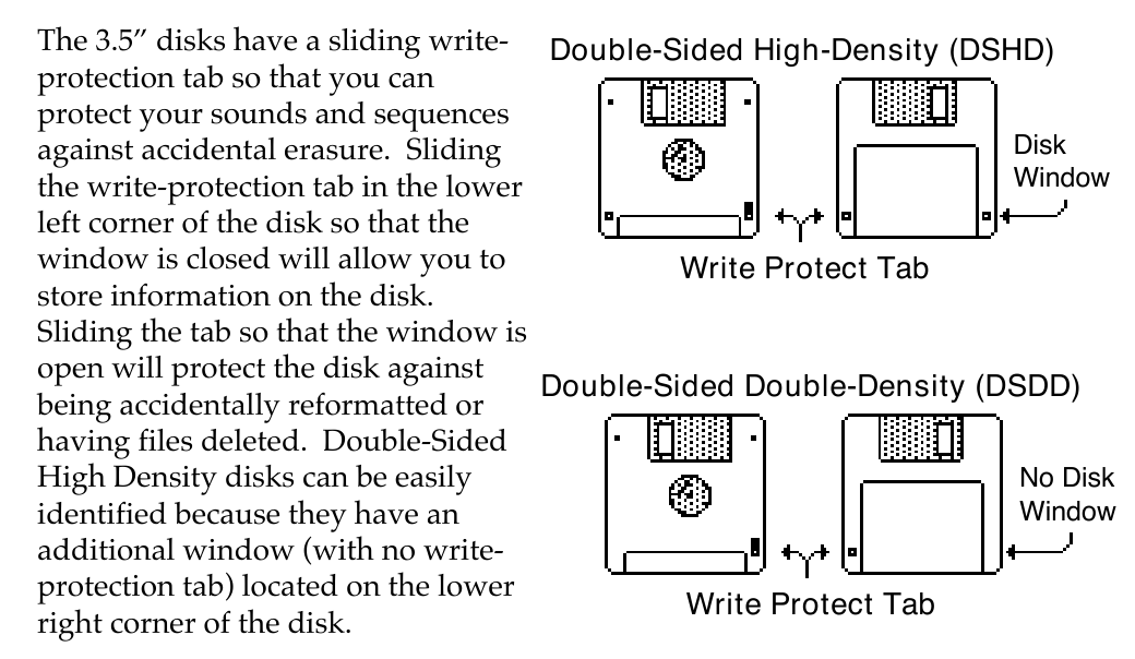 3.5-inch DSHD disk with disk window and write-protect tab, and DSDD disk with no extra window