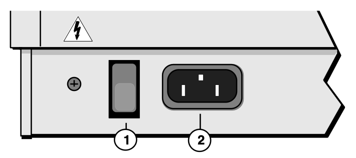 Rear-panel detail: lightning-bolt warning, power switch (1), and IEC AC inlet (2)